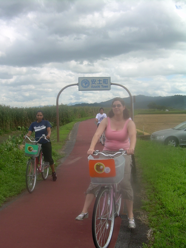 dscn0707.jpg - Sarah in the foreground, Pam in the midground, and Ryan at the back, on a bicycle and history tour that our friend Elisa organized for us in her town, Azuchi.