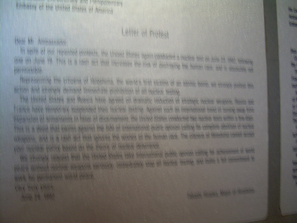 dscn0967.jpg - I know it's blurry, but it's the only picture I have.  It's a letter of protest to the United States after a nuclear test in 1992 from the people of Hiroshima.