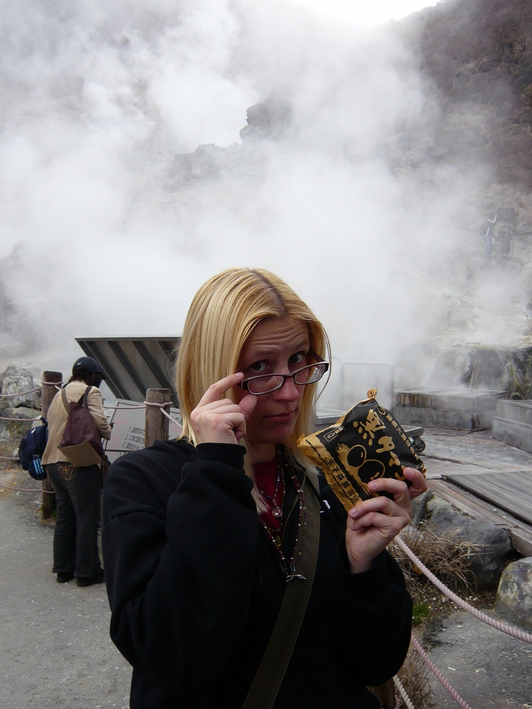 p1000042.jpg - Here you could buy these eggs that had been hard boiled in the hot springs there.  They turn black because of, I think, the sulfur.