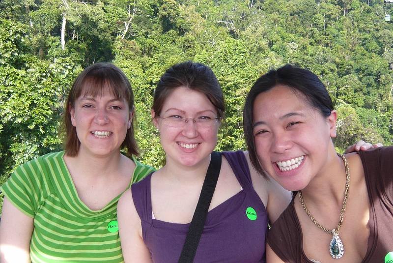 p1010084.jpg - Me, Katie, and Myra on the Skyrail, as taken by a Japanese tourist.