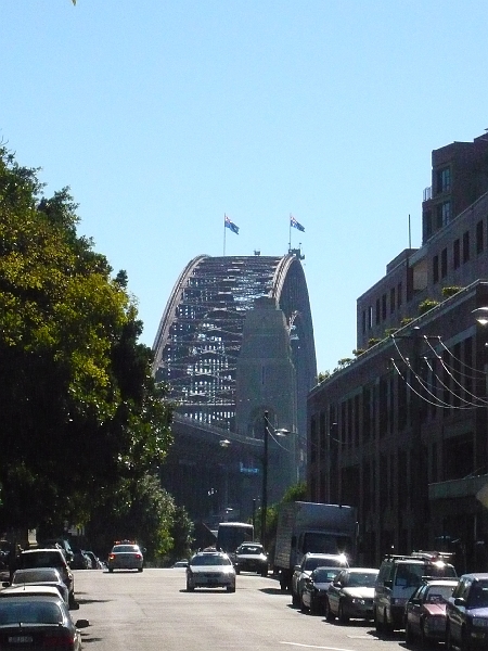 p1010513.jpg - Looking up the street in the Rocks toward the Sydney Harbour Bridge.