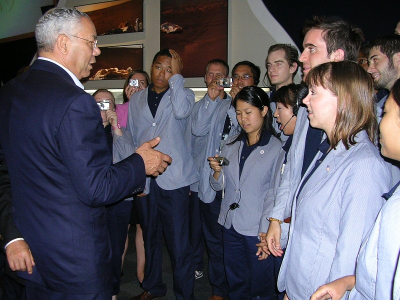 dscn0581.jpg - And here's Secretary of State Colin Powell chatting with us guides and giving us some advice about improving the world and the like.