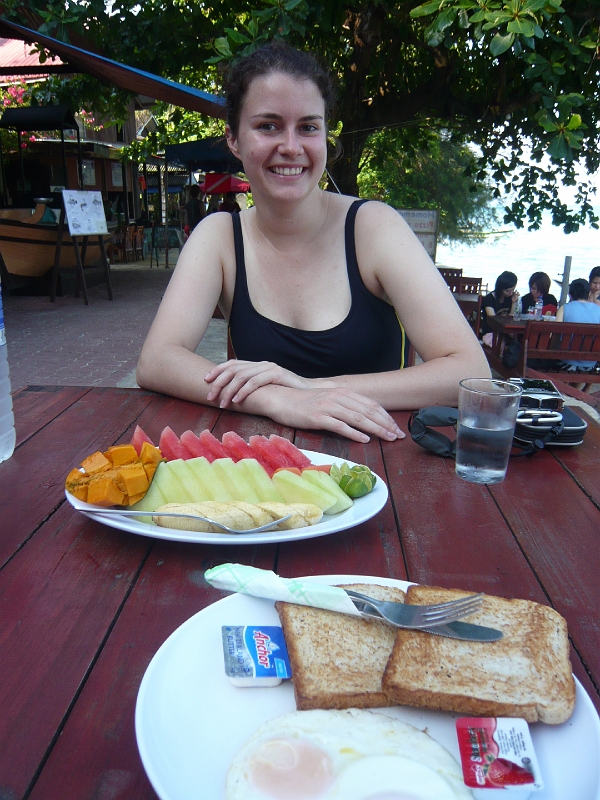 p1020444.jpg - Our breakfast of tropical fruit and toast and eggs.