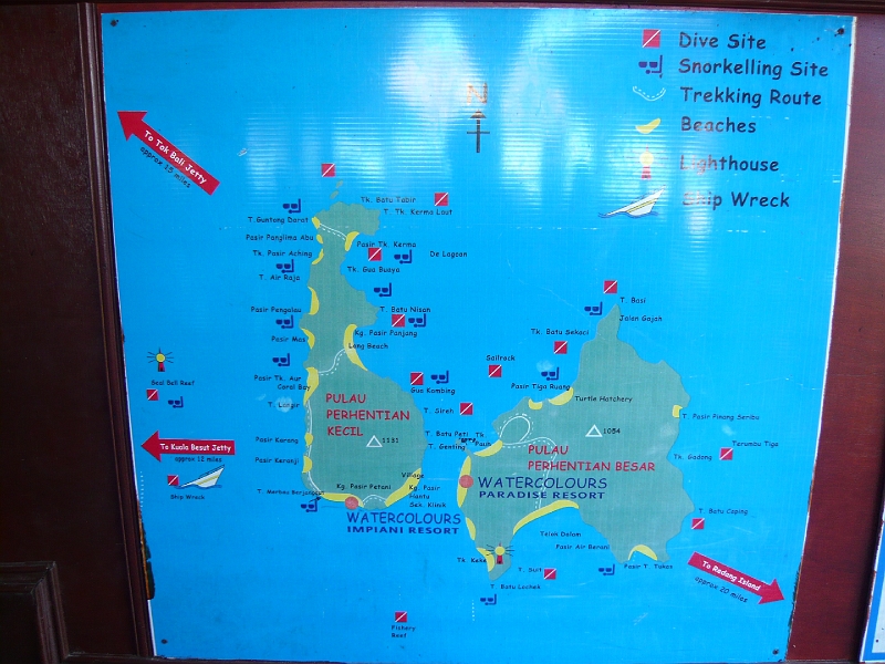 p1020481.jpg - A map of the Perhentian Islands.  We stayed at Watercolours Impiani, at the southern end of Kecil, but our activities left from Watercolours Paradise on Besar.
